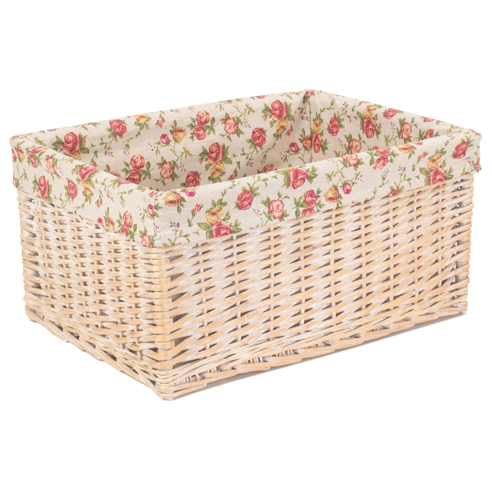 Whitewash Garden Rose Lined Wicker Storage Basket-2
