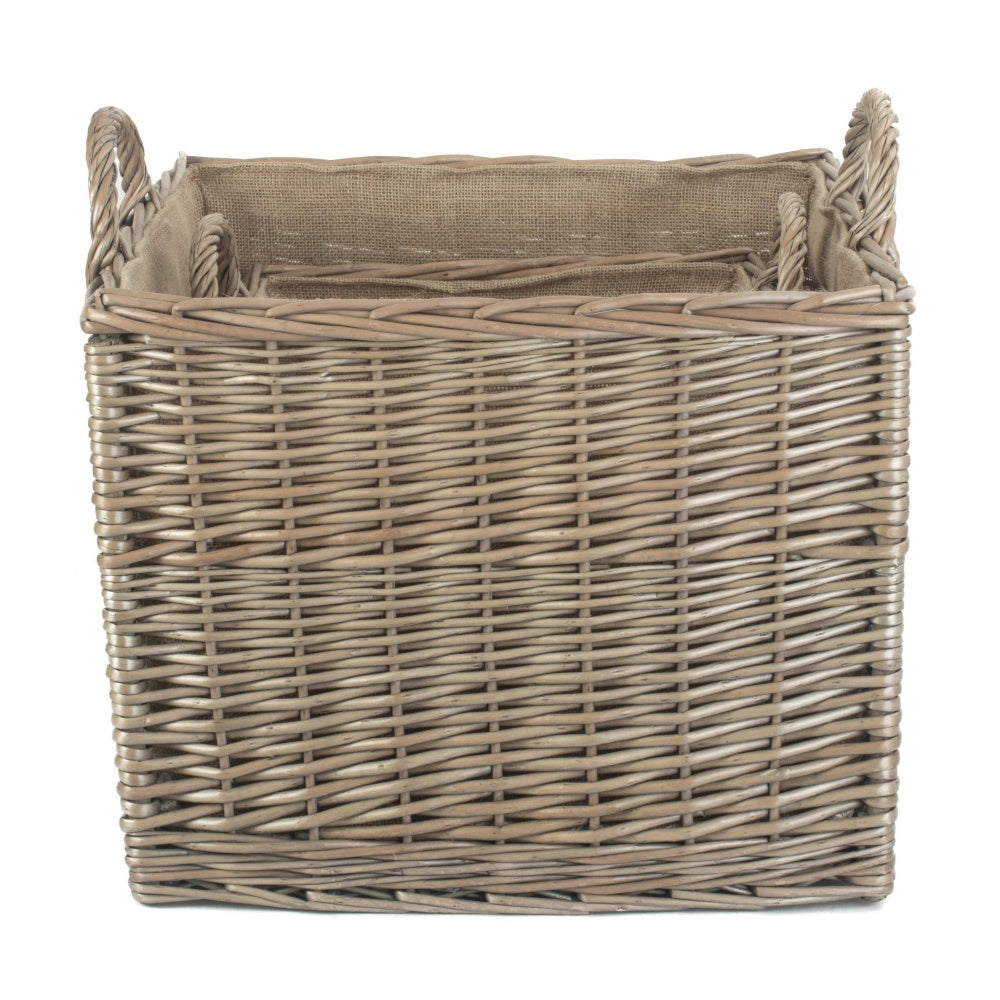 Antique Wash Square Hessian Lined Wicker Log Basket-2