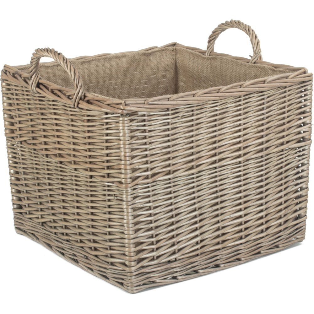 Antique Wash Square Hessian Lined Wicker Log Basket-4