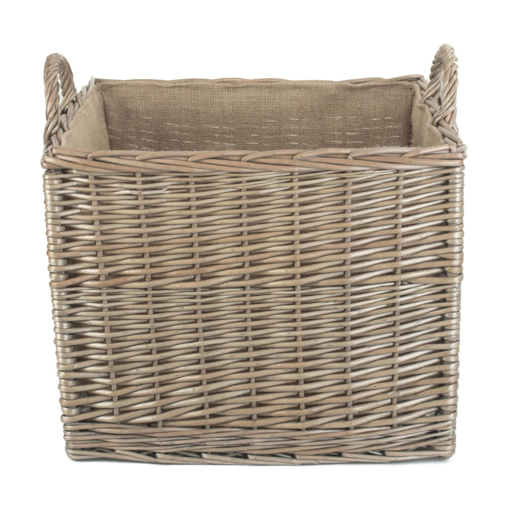 Antique Wash Square Hessian Lined Wicker Log Basket-5