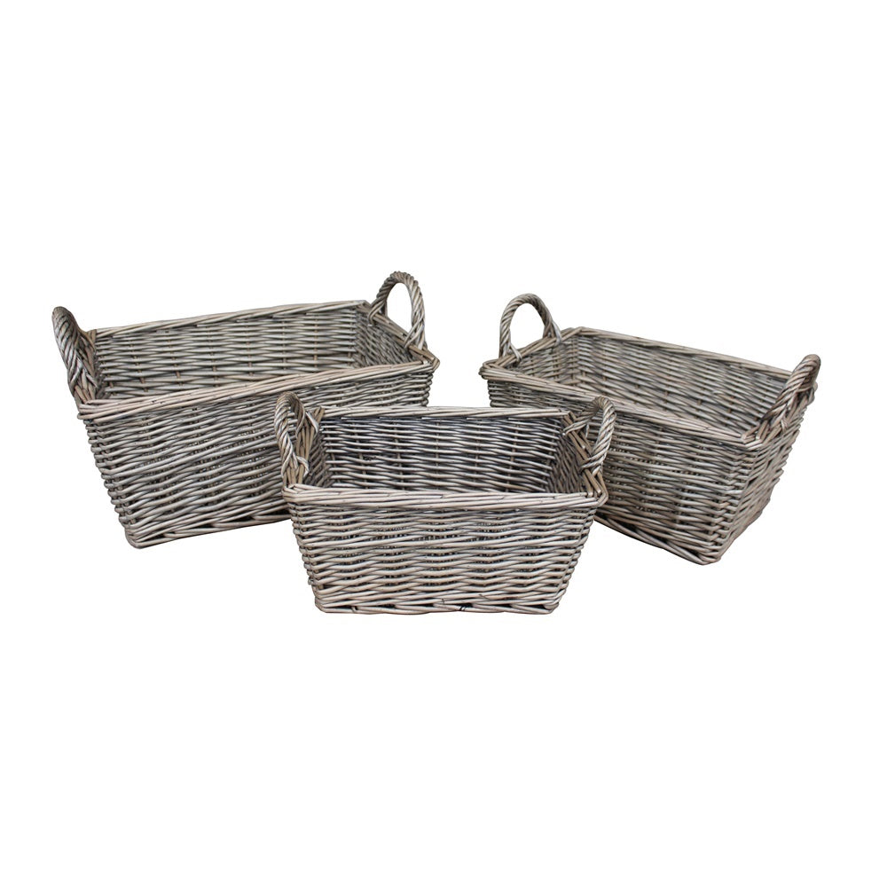 Wicker Antique Wash Finish Handled Unlined Storage Basket-2
