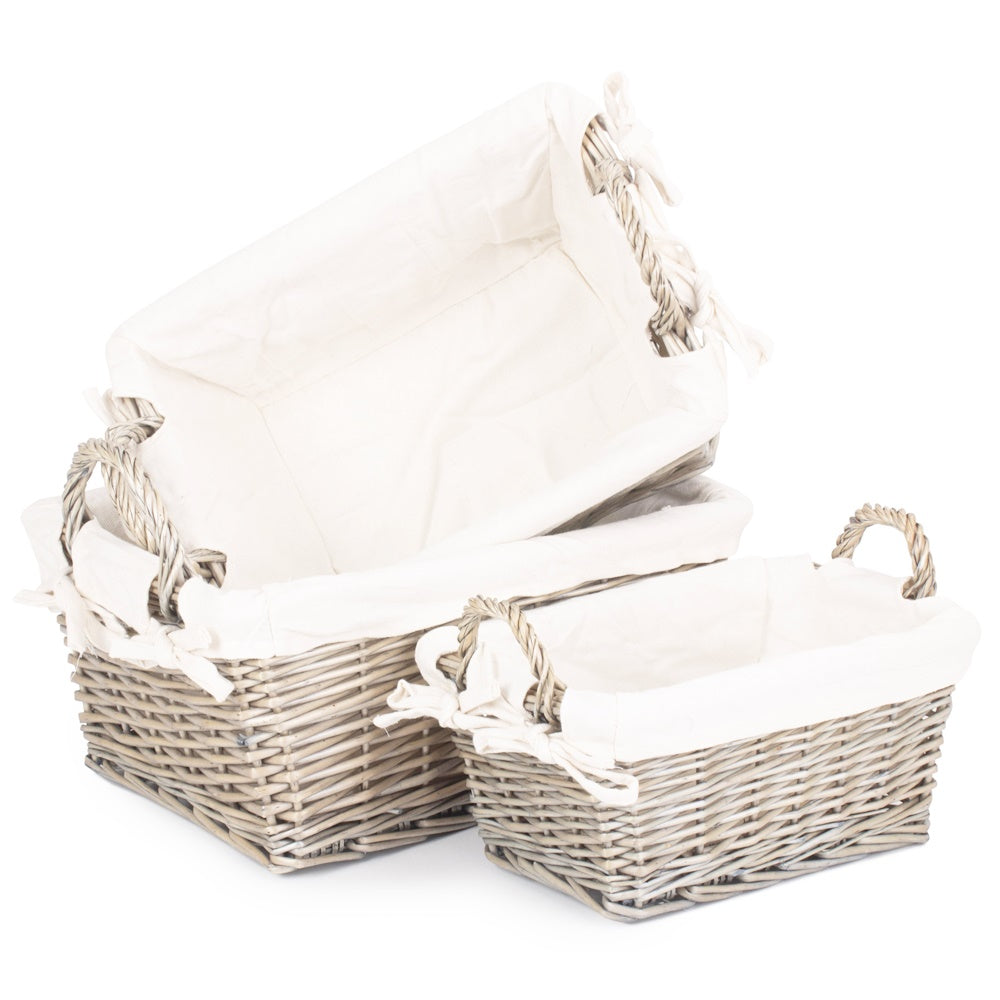 Antique Wash Wicker Handled Lined Storage Basket-0
