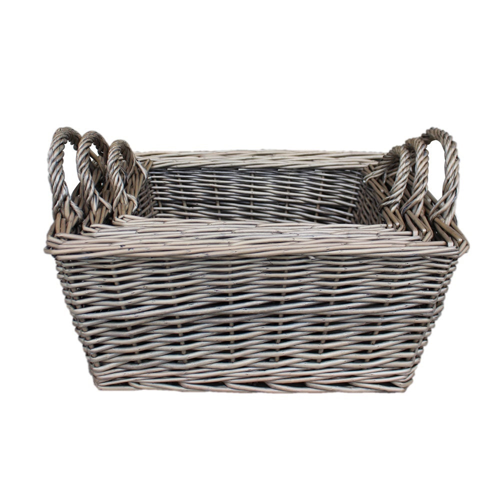 Wicker Antique Wash Finish Handled Unlined Storage Basket-0