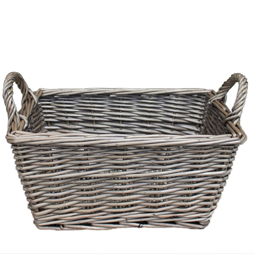Wicker Antique Wash Finish Handled Unlined Storage Basket-3