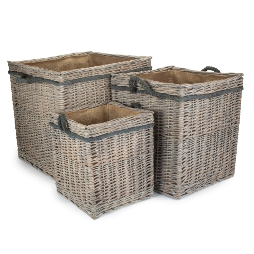 Wicker Grey Wash Square Hessian Lined Log Basket-1