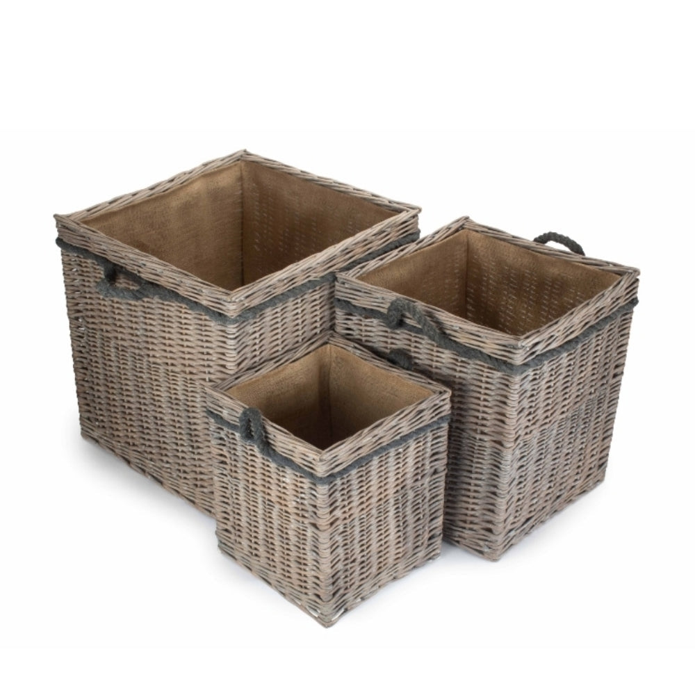Wicker Grey Wash Square Hessian Lined Log Basket-0