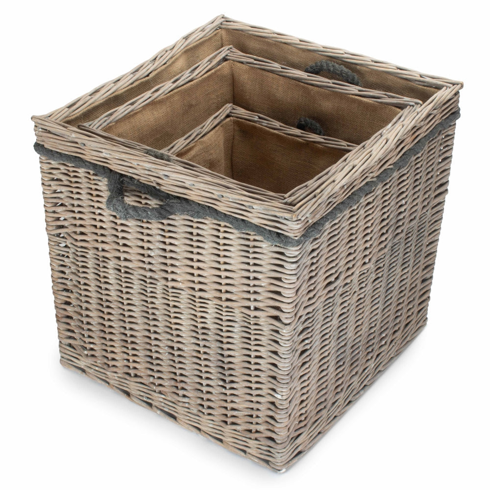 Wicker Grey Wash Square Hessian Lined Log Basket-3