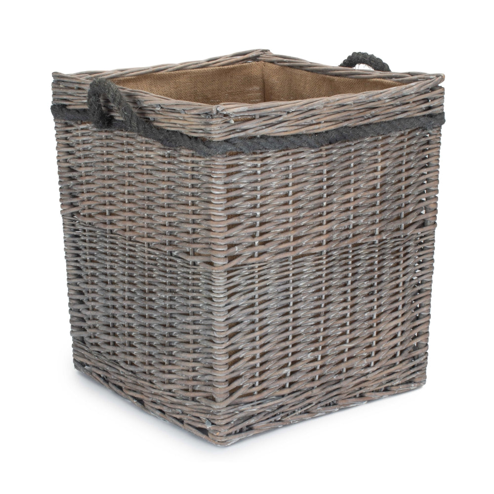 Wicker Grey Wash Square Hessian Lined Log Basket-6