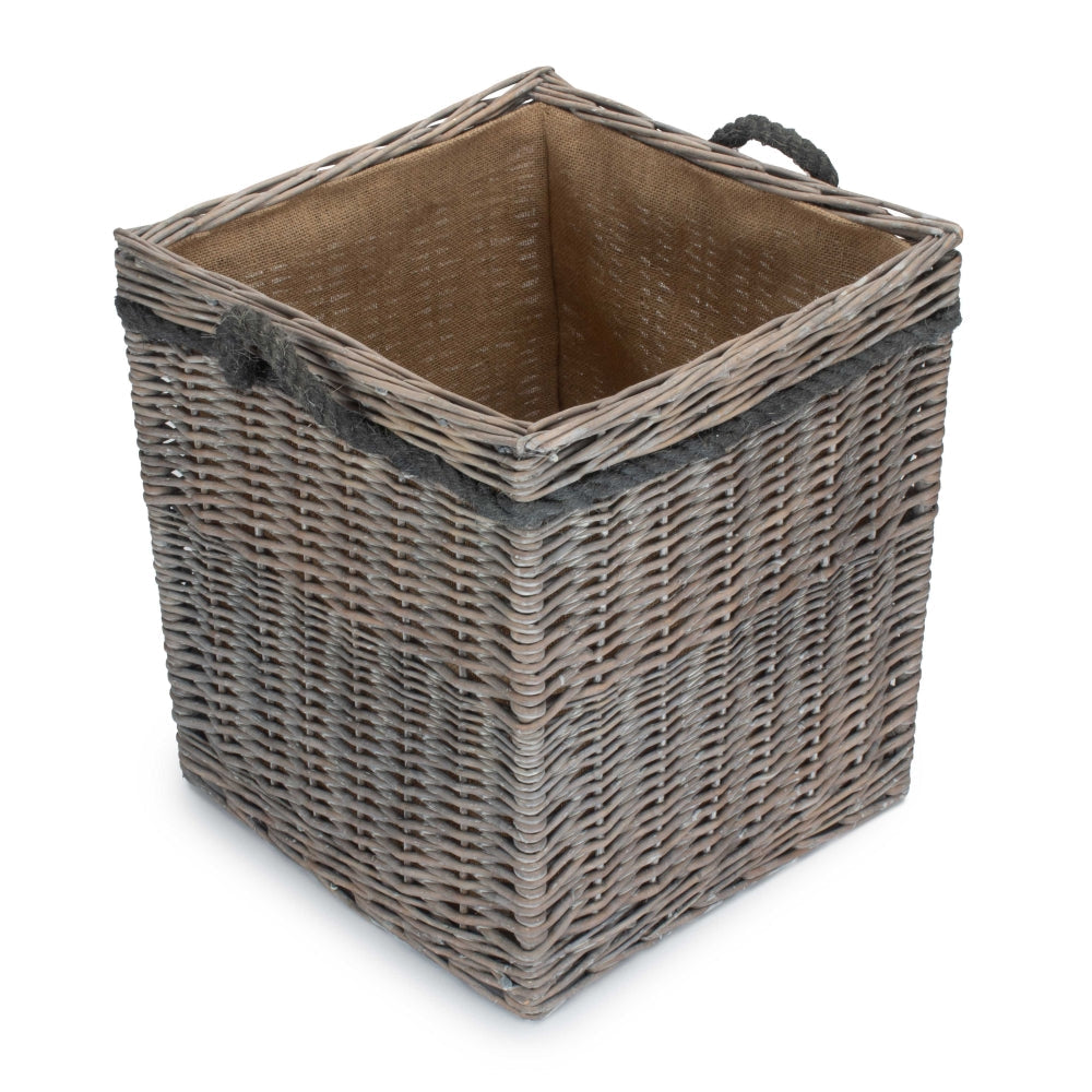 Wicker Grey Wash Square Hessian Lined Log Basket-5