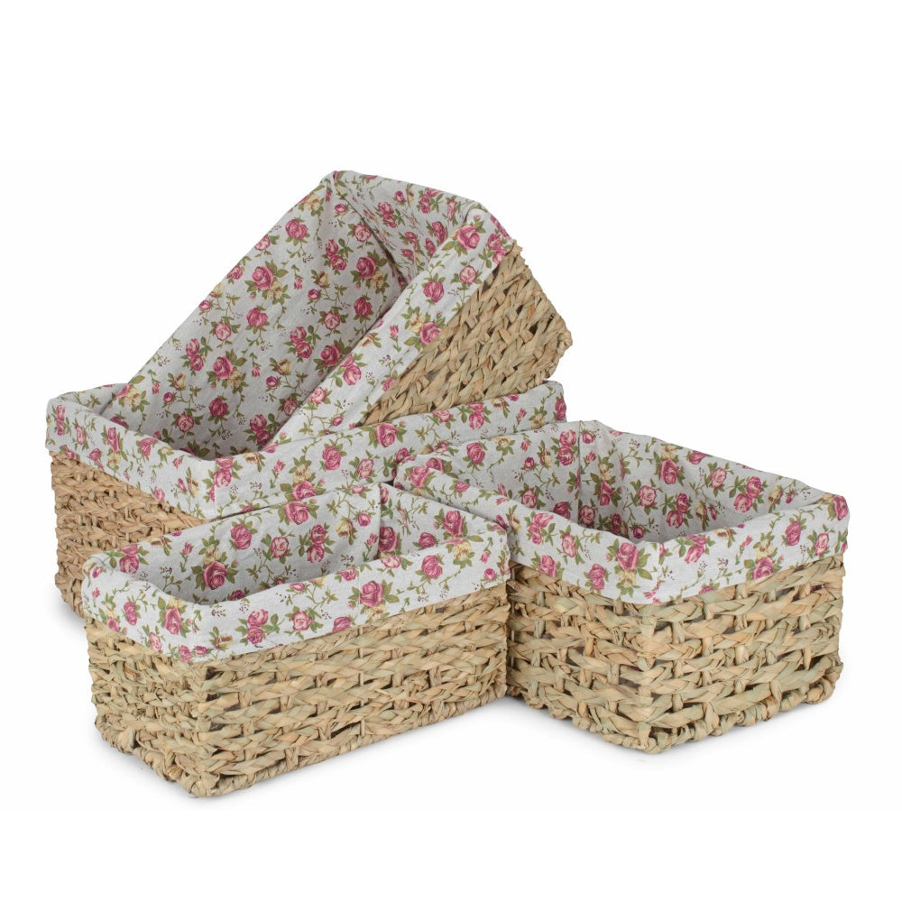Thatch Grass Woven Storage Basket with Garden Rose Cotton Lining-0