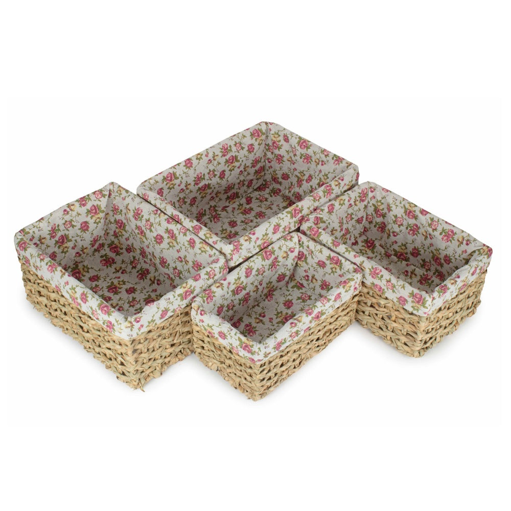 Thatch Grass Woven Storage Basket with Garden Rose Cotton Lining-1