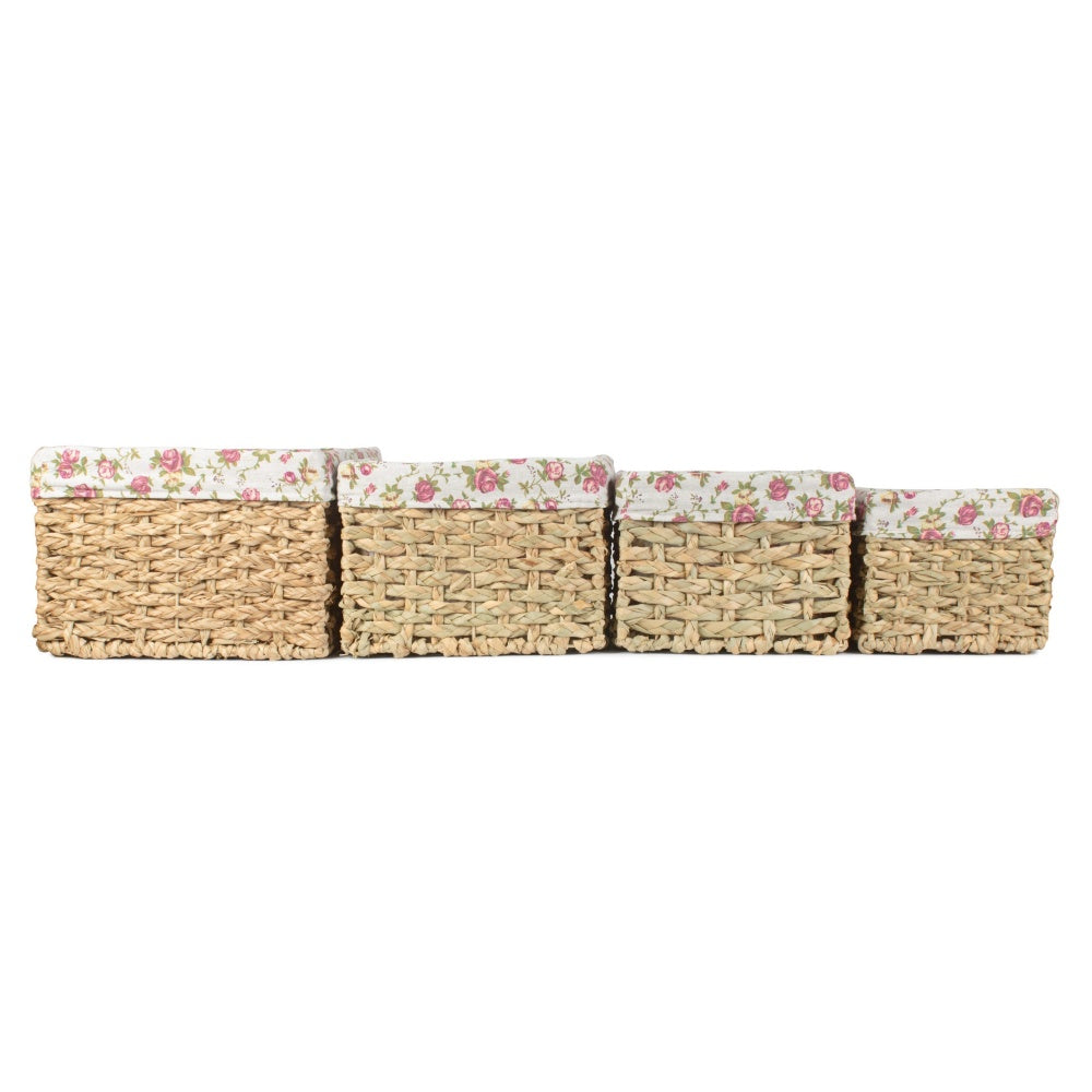 Thatch Grass Woven Storage Basket with Garden Rose Cotton Lining-2