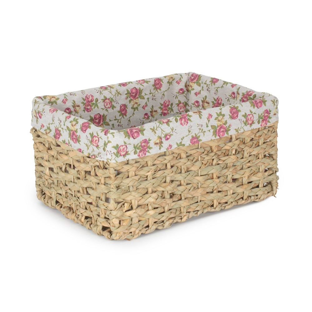 Thatch Grass Woven Storage Basket with Garden Rose Cotton Lining-3