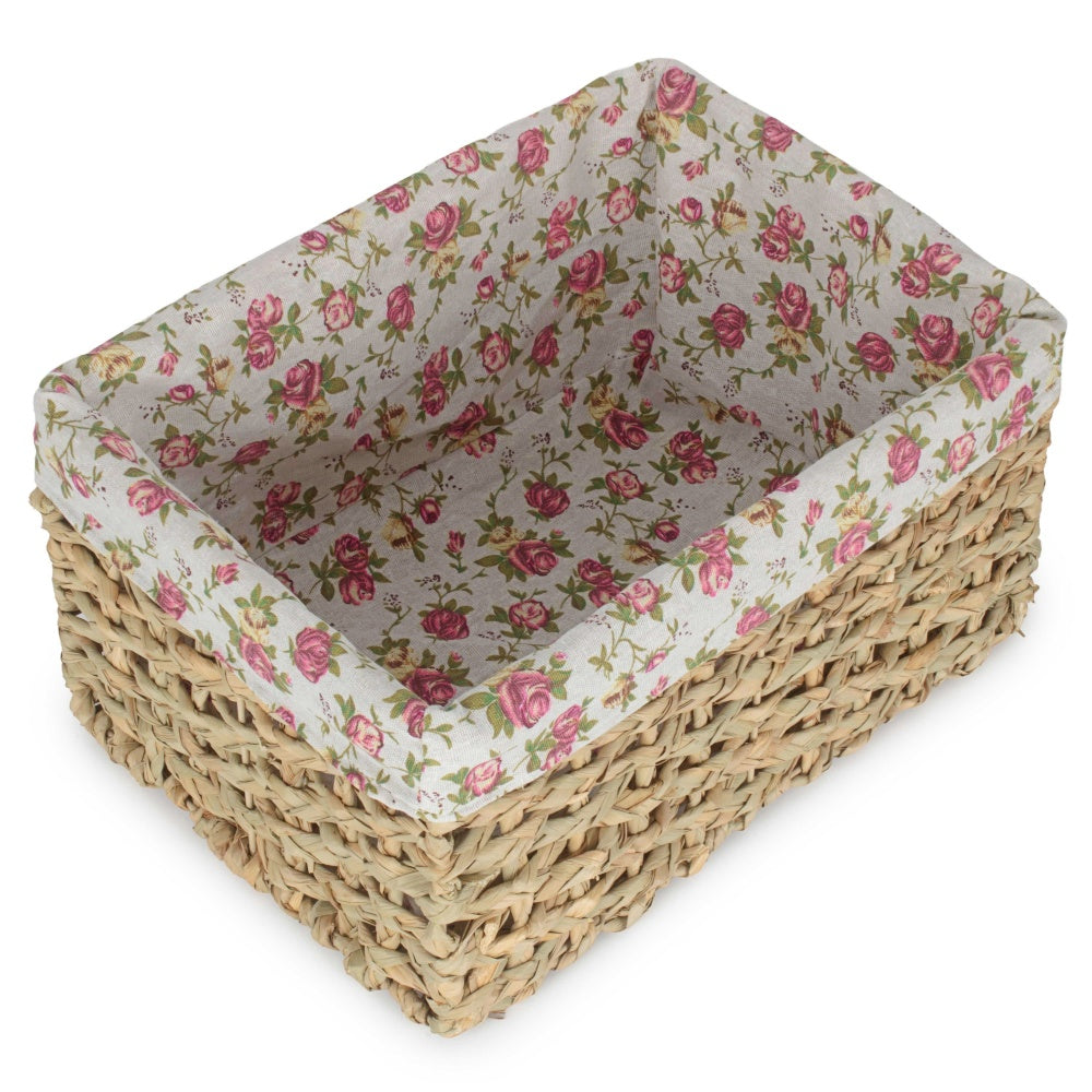 Thatch Grass Woven Storage Basket with Garden Rose Cotton Lining-4