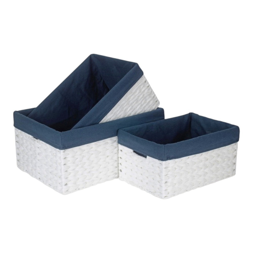 White Paper Rope Rectangular Storage Basket with Navy Blue Cotton Lining-0