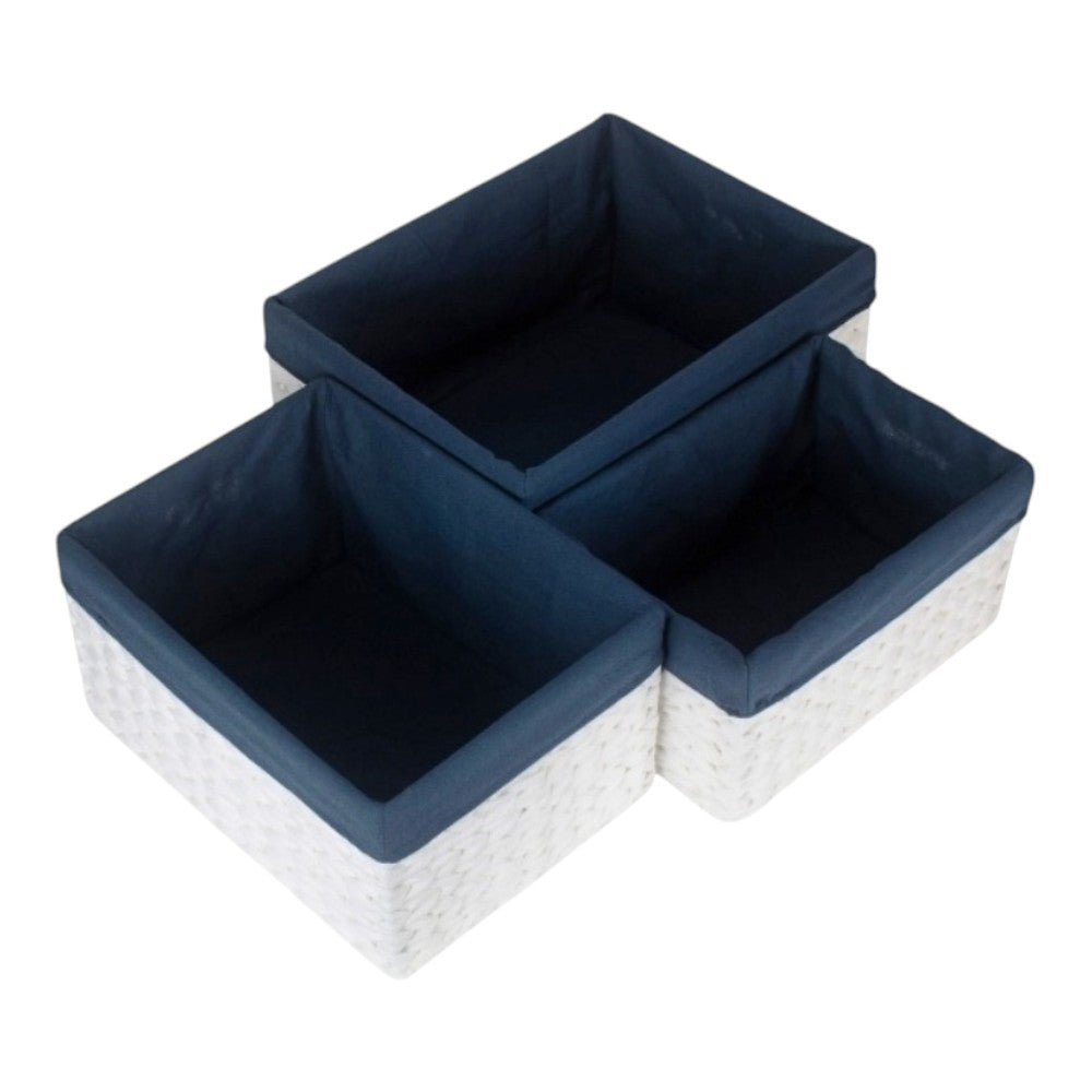 White Paper Rope Rectangular Storage Basket with Navy Blue Cotton Lining-1