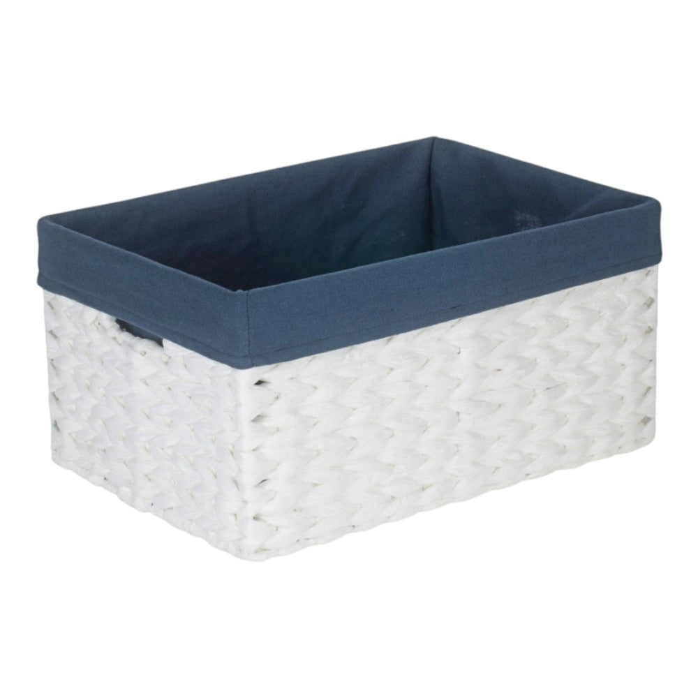 White Paper Rope Rectangular Storage Basket with Navy Blue Cotton Lining-3