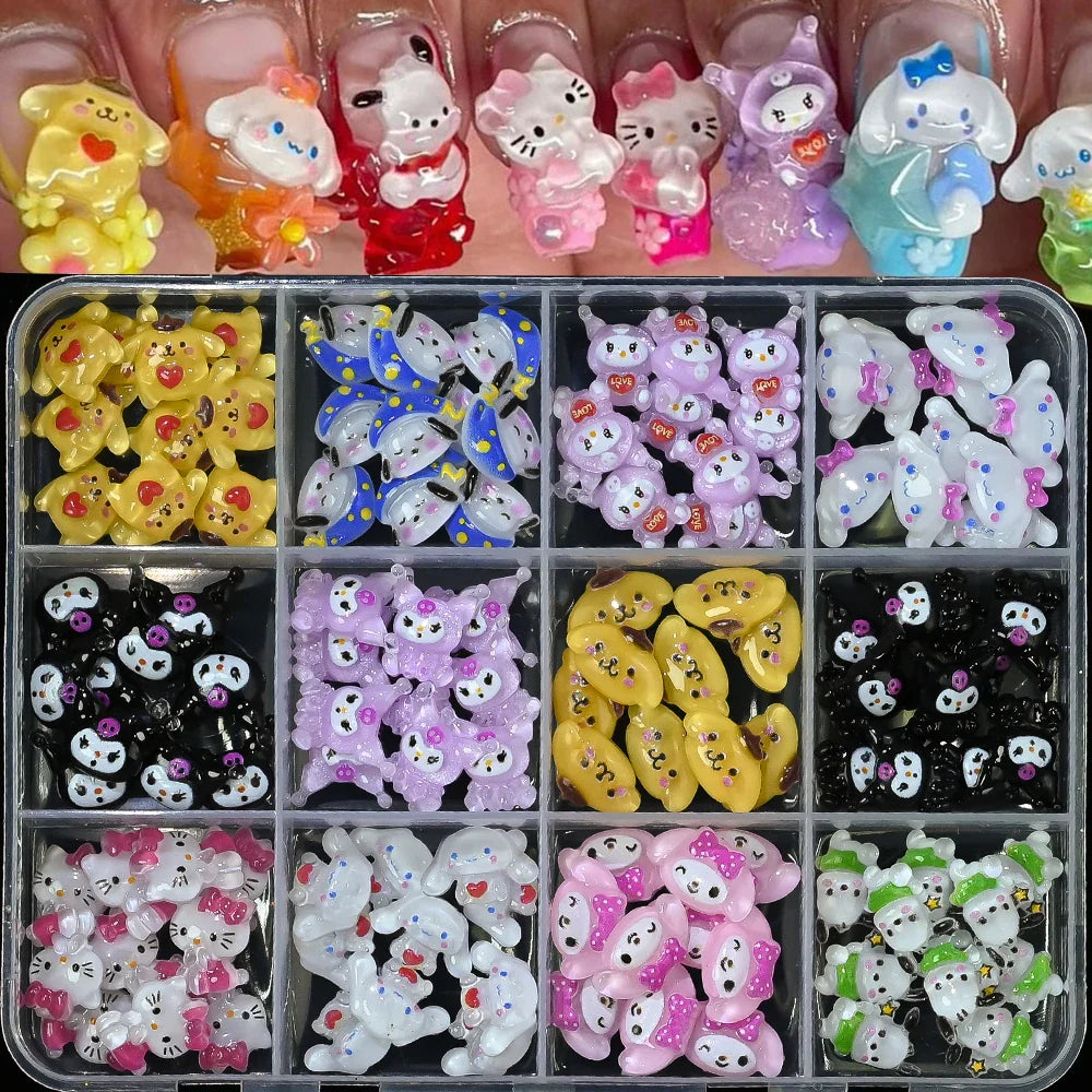 12Grid 3D Mixed Strawberry Hello Kitty Nail Charms Cartoon Red Pink Dress Kitty Cat Rhinestones Kawaii DIY Nail Art Decoration-22