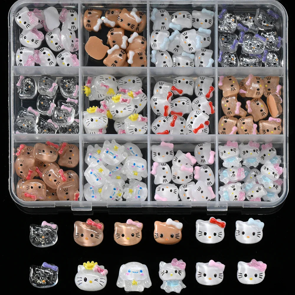 12Grid 3D Mixed Strawberry Hello Kitty Nail Charms Cartoon Red Pink Dress Kitty Cat Rhinestones Kawaii DIY Nail Art Decoration-26