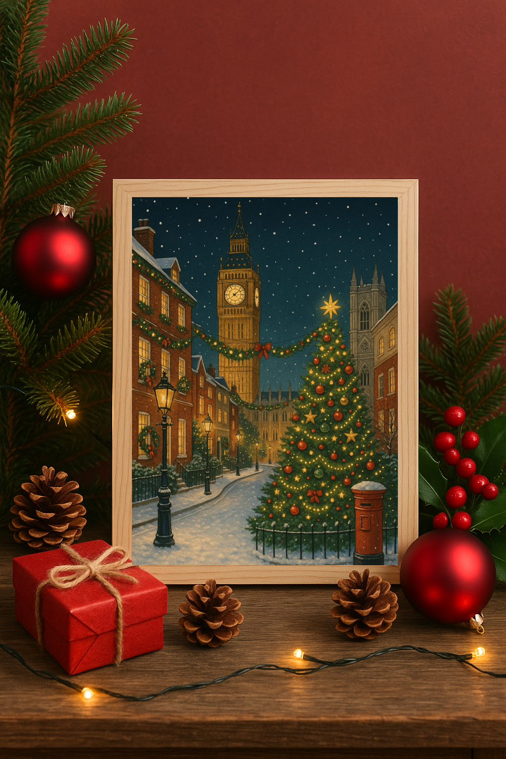 London Christmas Street Wall Art – Big Ben Holiday Tree Print-0