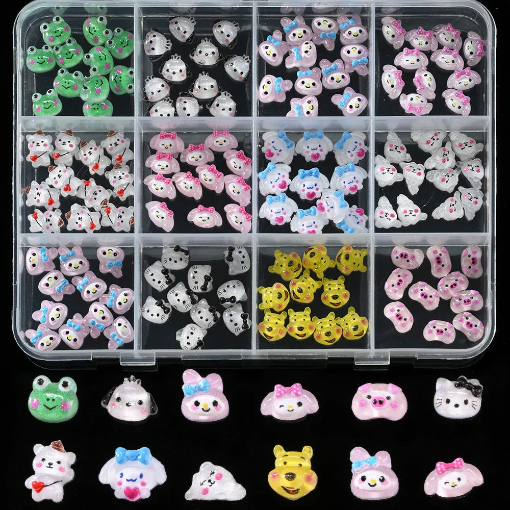 12Grid 3D Mixed Strawberry Hello Kitty Nail Charms Cartoon Red Pink Dress Kitty Cat Rhinestones Kawaii DIY Nail Art Decoration-8