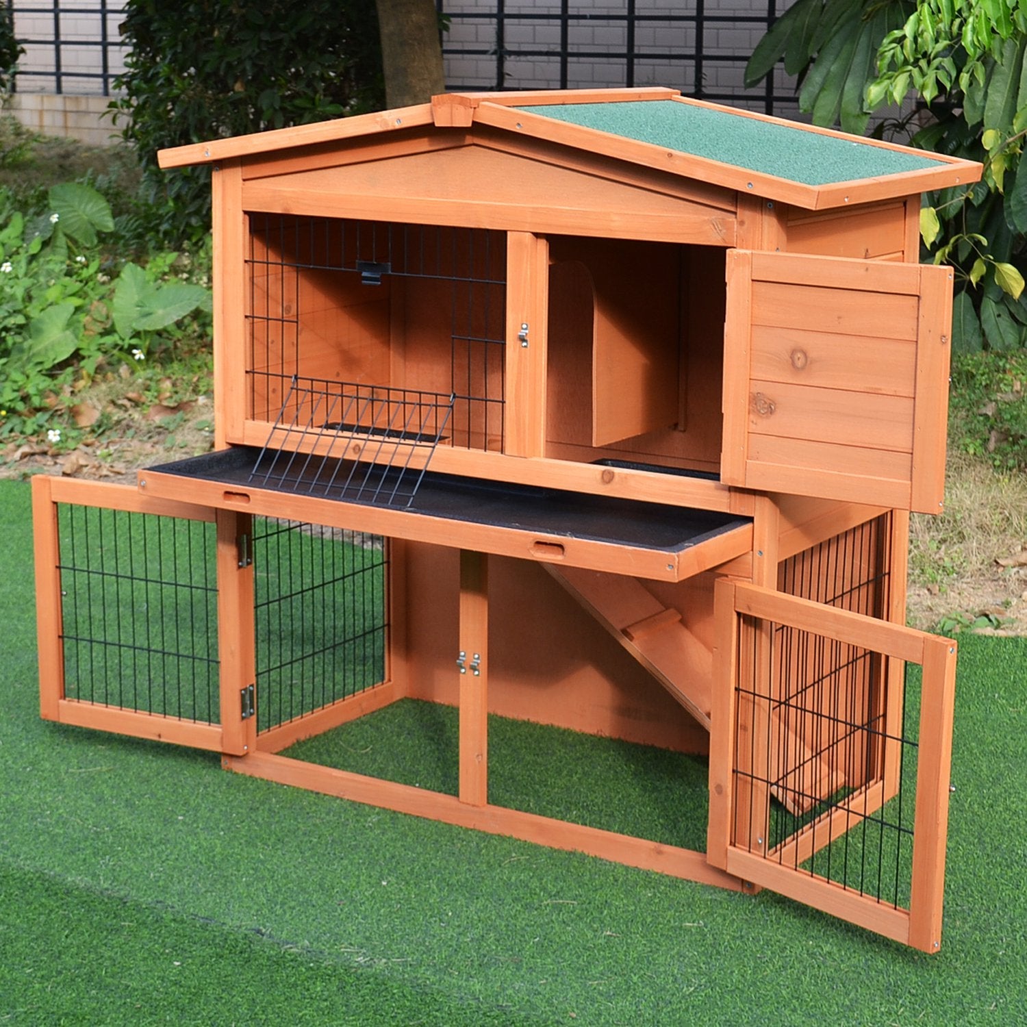 2 Tier Rabbit Hutch Guinea Pig Hutch Ferret Cage with Ramp Slide Out Tray for Indoor Outdoor 100.5 x 55 x 101 cm-1