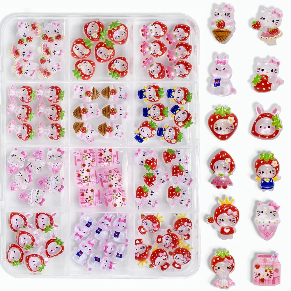 12Grid 3D Mixed Strawberry Hello Kitty Nail Charms Cartoon Red Pink Dress Kitty Cat Rhinestones Kawaii DIY Nail Art Decoration-4