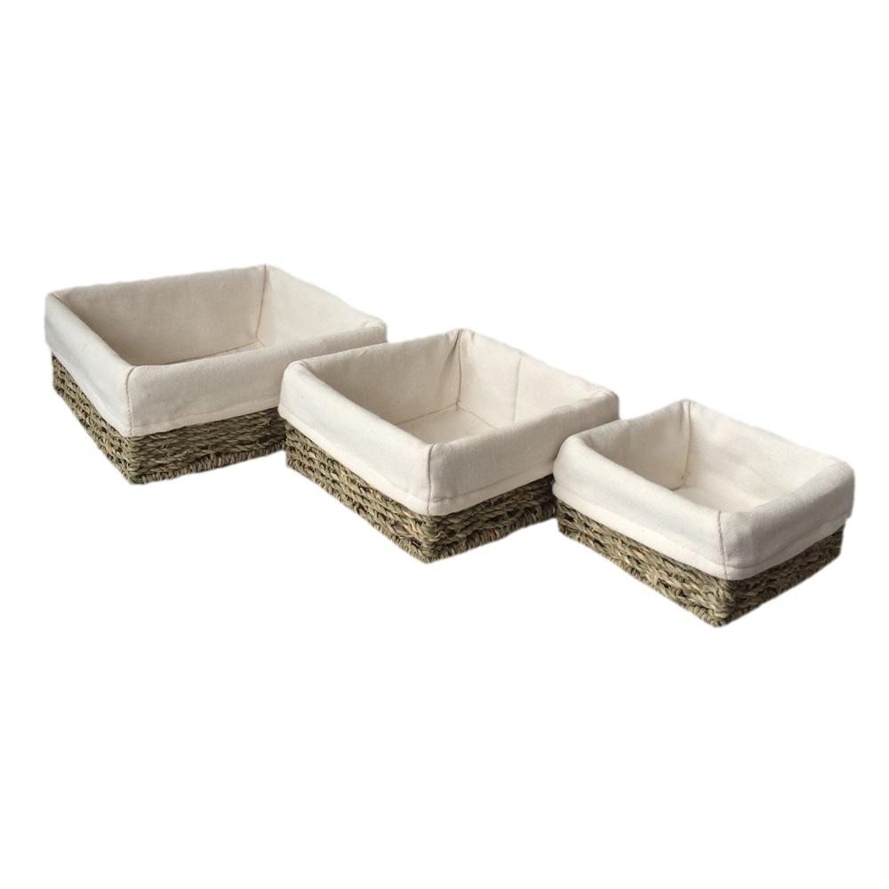 Set of 3 Cotton Lined Square Seagrass Basket-0