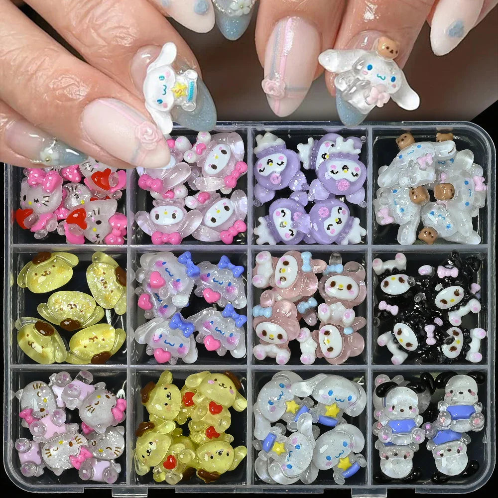 12Grid 3D Mixed Strawberry Hello Kitty Nail Charms Cartoon Red Pink Dress Kitty Cat Rhinestones Kawaii DIY Nail Art Decoration-25