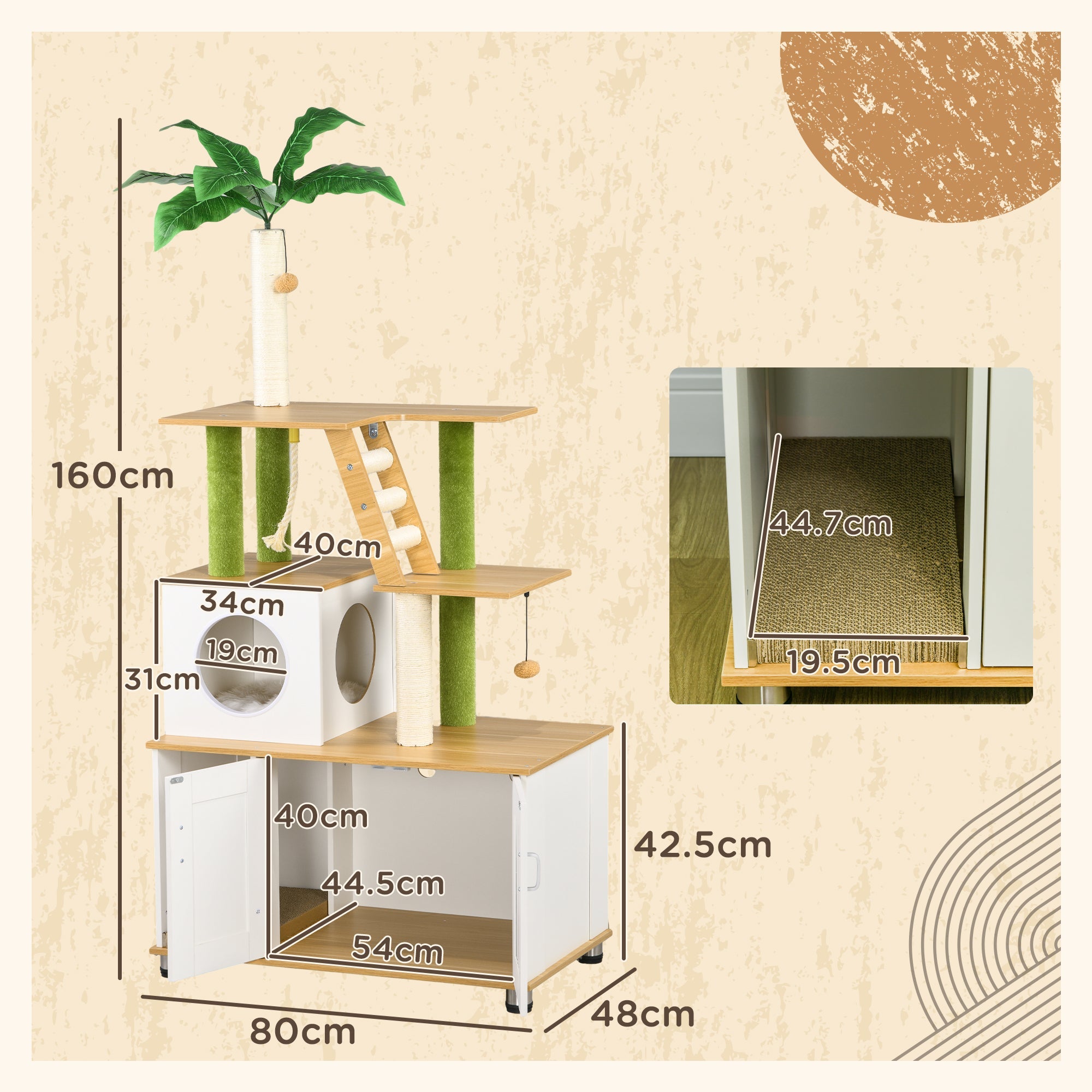 2-in-1 Hidden Cat Litter Box, Green Leaf Cat Tree, with House, Ladder, Scratching Posts, Platforms, Indoors -Oak-2