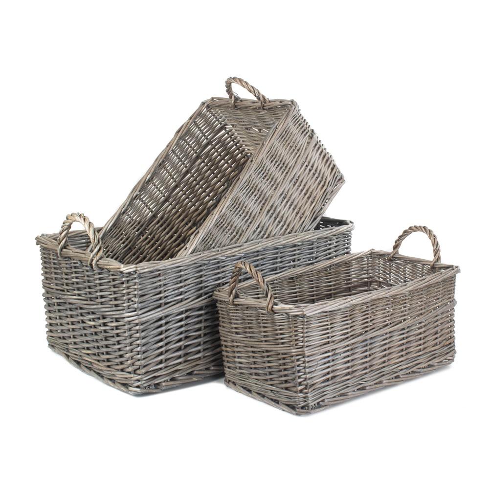 Shallow Antique Wash Wicker Storage Basket-0