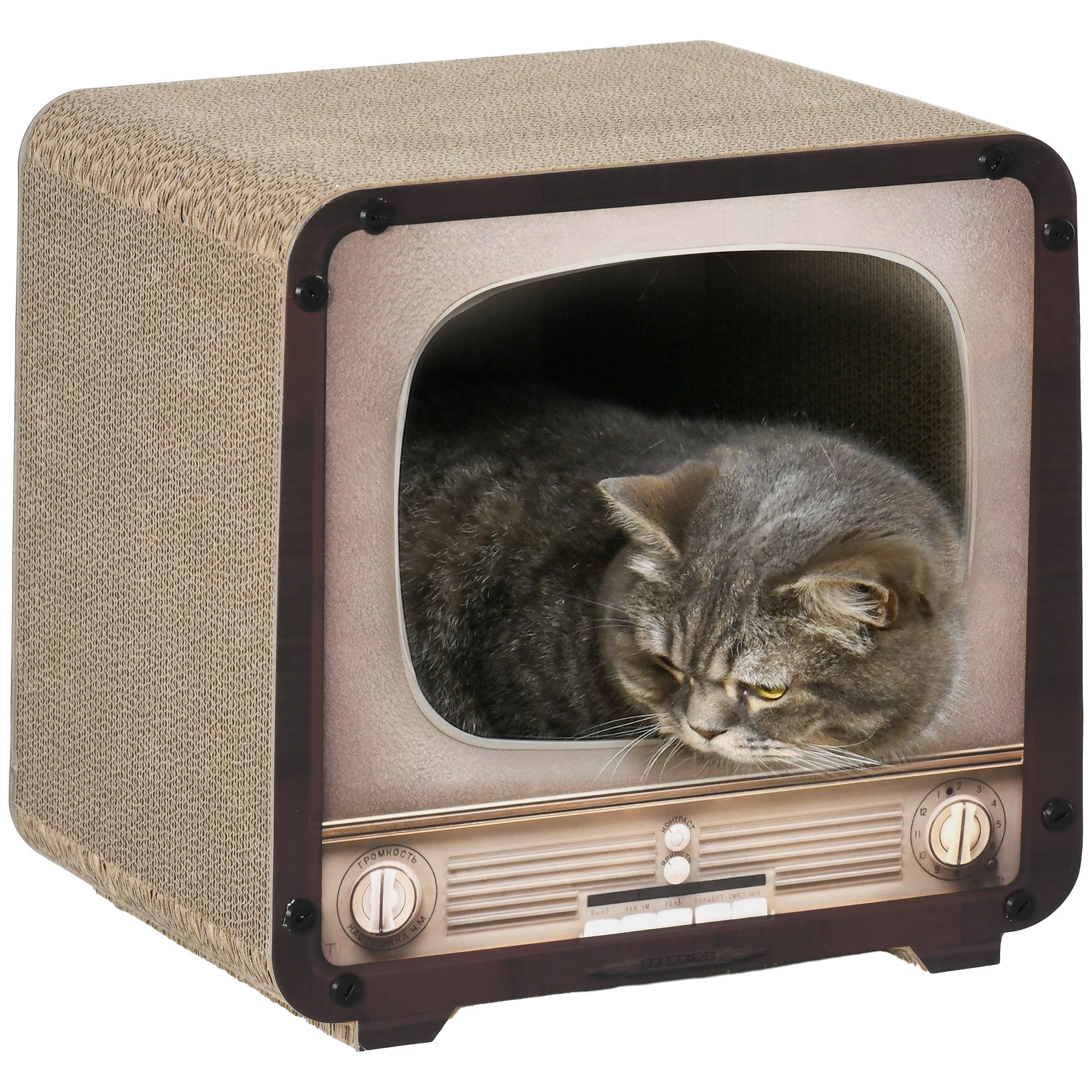 2 in 1 TV Shape Cat Scratching Board House with Catnip, for Indoor Cats, Brown-0