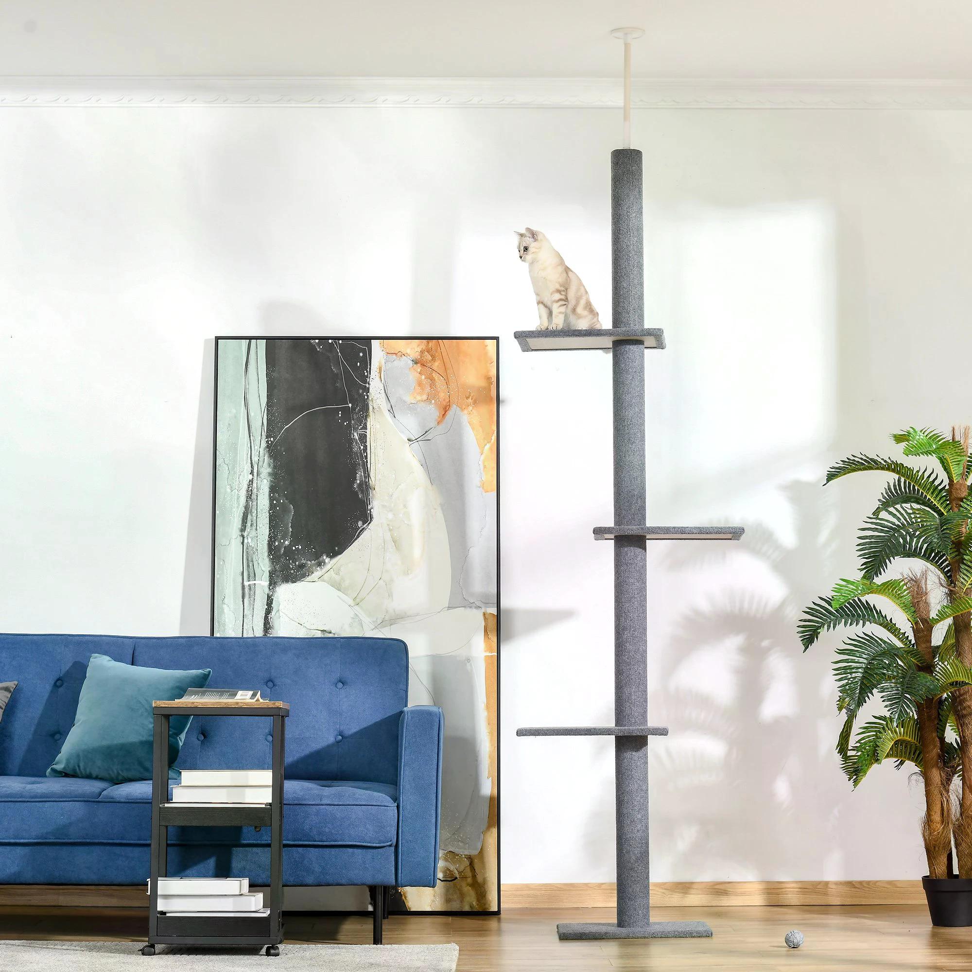260cm Cat tree Floor To Ceiling with 3 Perches, Activity Scratching Tree Center for Kittens Cat Tower Furniture, Grey-1