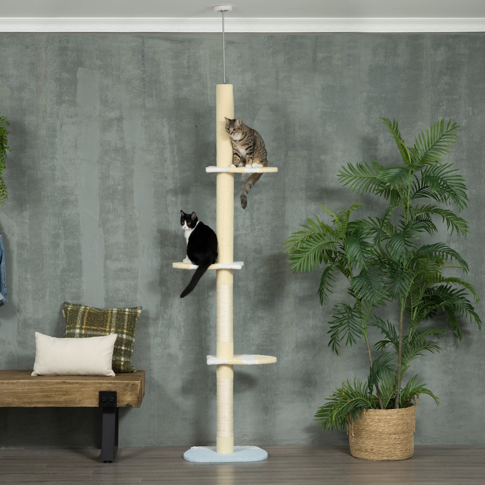 260cm Cat Tower Cat Tree, Floor to Ceiling, Height Adjustable with Anti-slip Kit and Fish-shaped Scratching Post Ball, Yellow-1