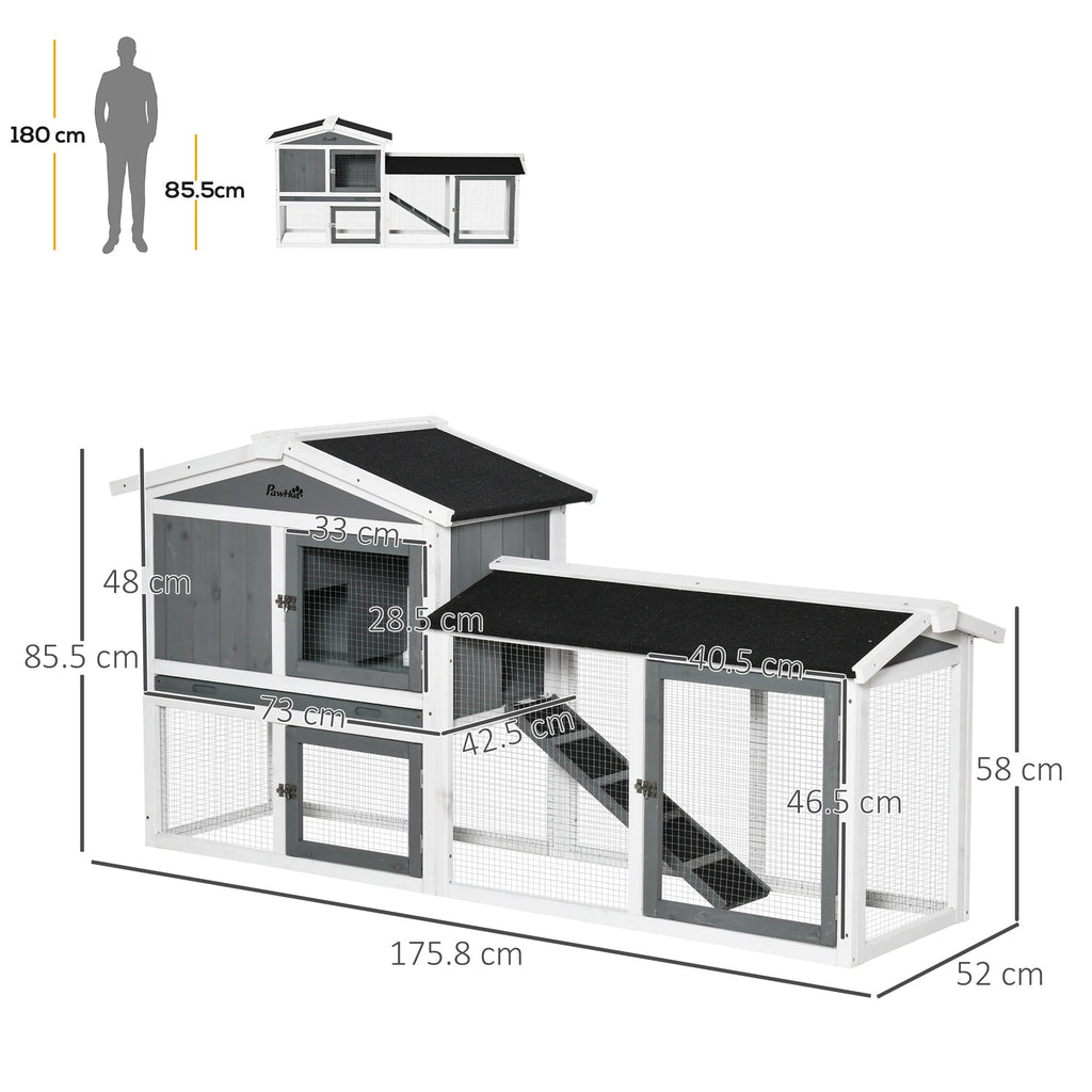 2 Tier Wooden Rabbit Hutch, Guinea Pig Cage, Bunny Run, Small Animal House with Run Box, Slide-out Tray, 175.8 x 52 x 85.5cm, White-2