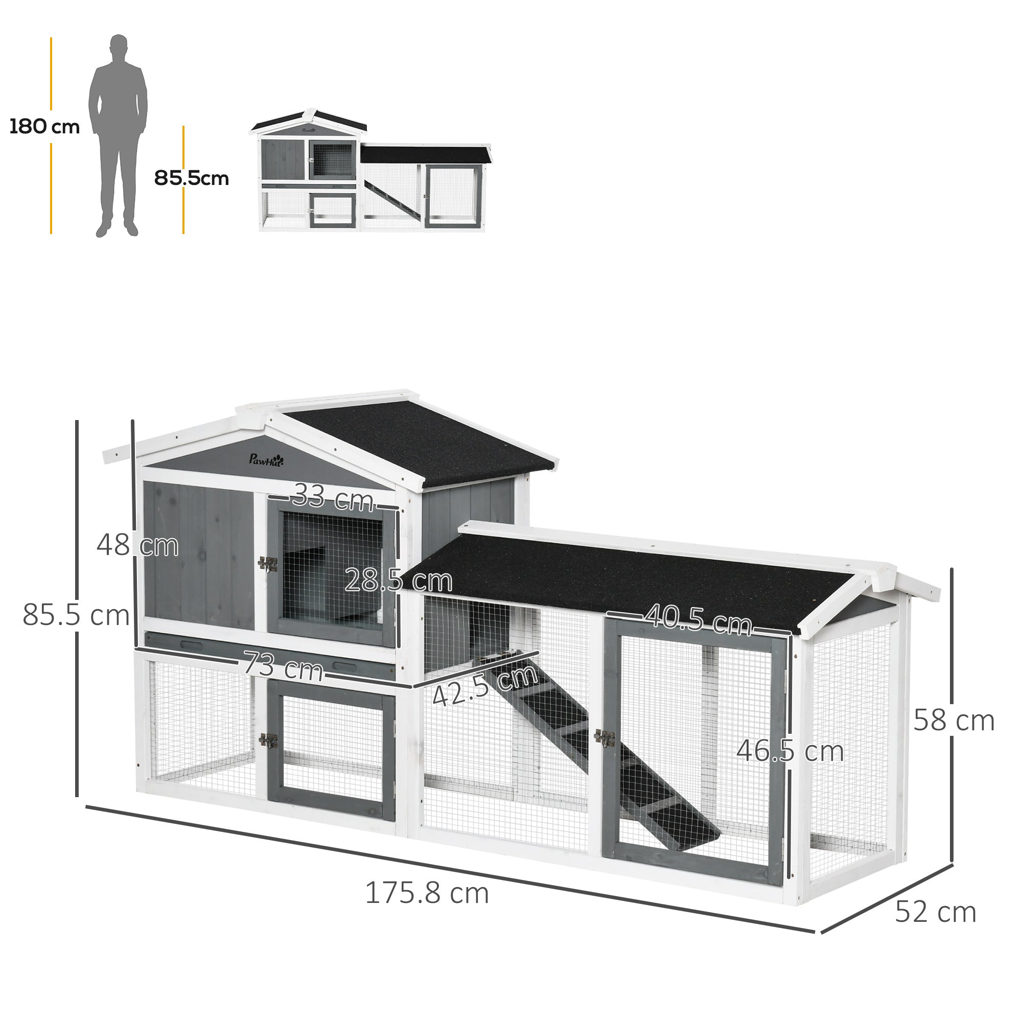 2 Tier Wooden Rabbit Hutch, Guinea Pig Cage, Bunny Run, Small Animal House with Run Box, Slide-out Tray, 175.8 x 52 x 85.5cm, White-2