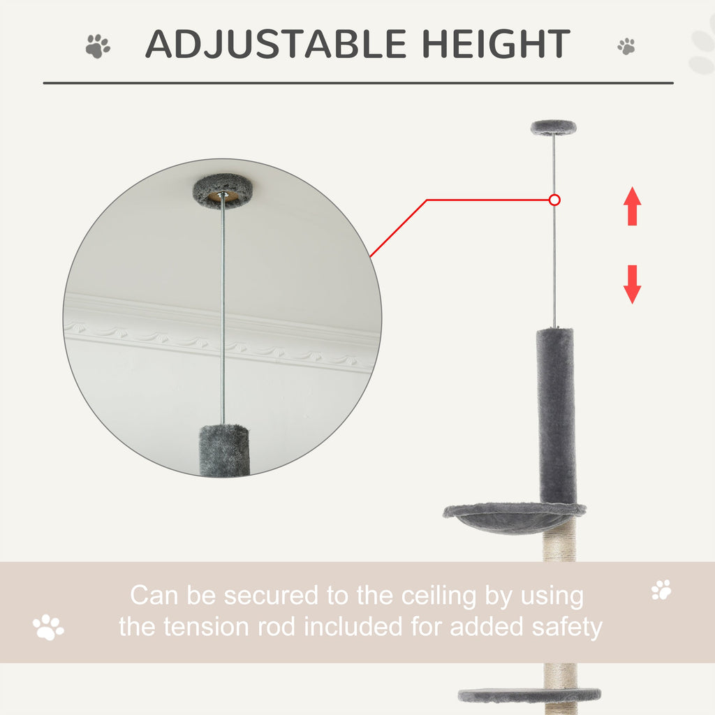 280cm Huge Cat Tower Activity Center Floor-to-Ceiling Cat Climbing Toy with Scratching Post Board Hammock Hanging Ball Rest Light Grey-4