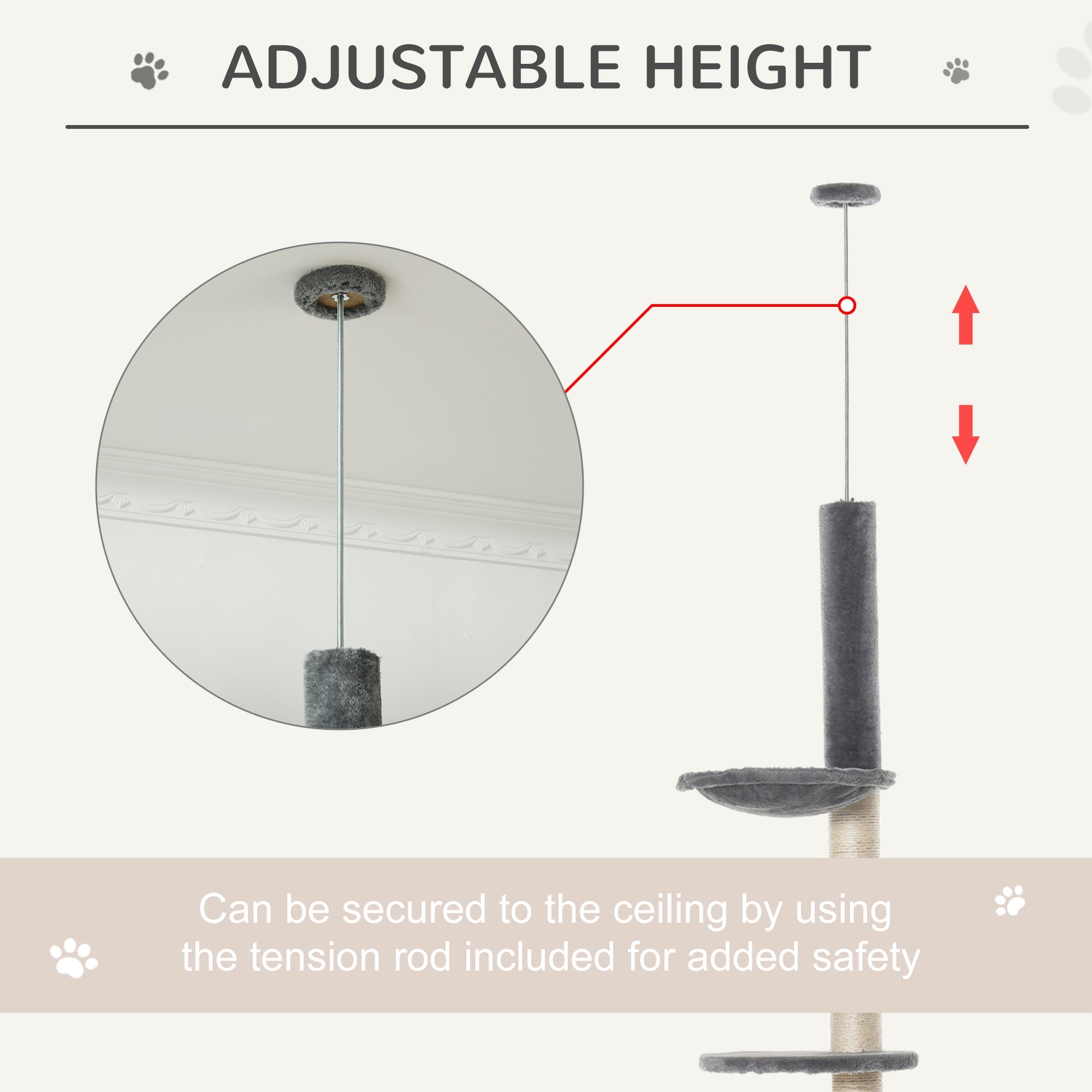 280cm Huge Cat Tower Activity Center Floor-to-Ceiling Cat Climbing Toy with Scratching Post Board Hammock Hanging Ball Rest Light Grey-4