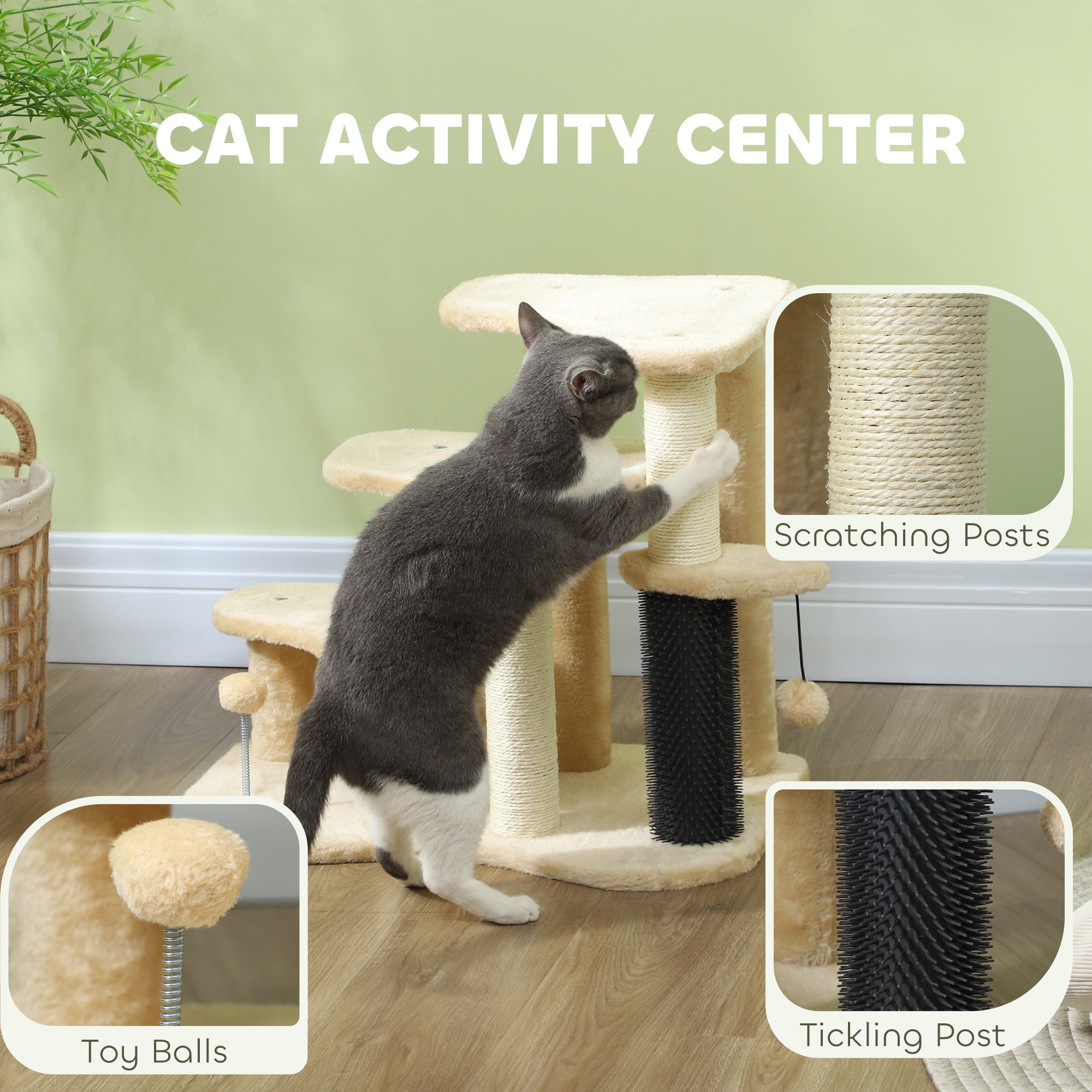 2-in-1 Cat Tree, Pet Stairs with Scratching Tickling Post, Toy Balls, for Bed, Sofa, Couch, Beige-4