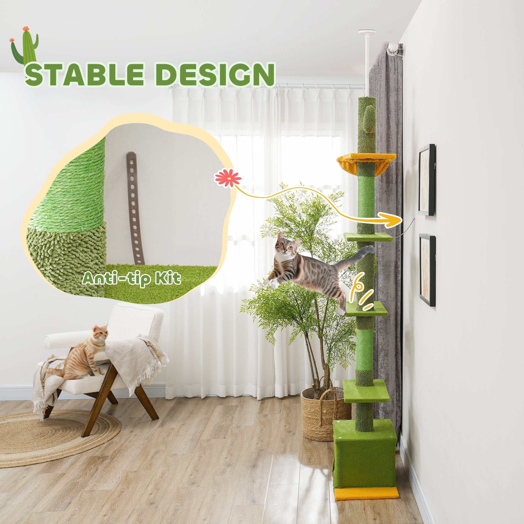 230-275cm Floor-to-Ceiling Adjustable Cat Tree with Scratching Posts, Hammock-4