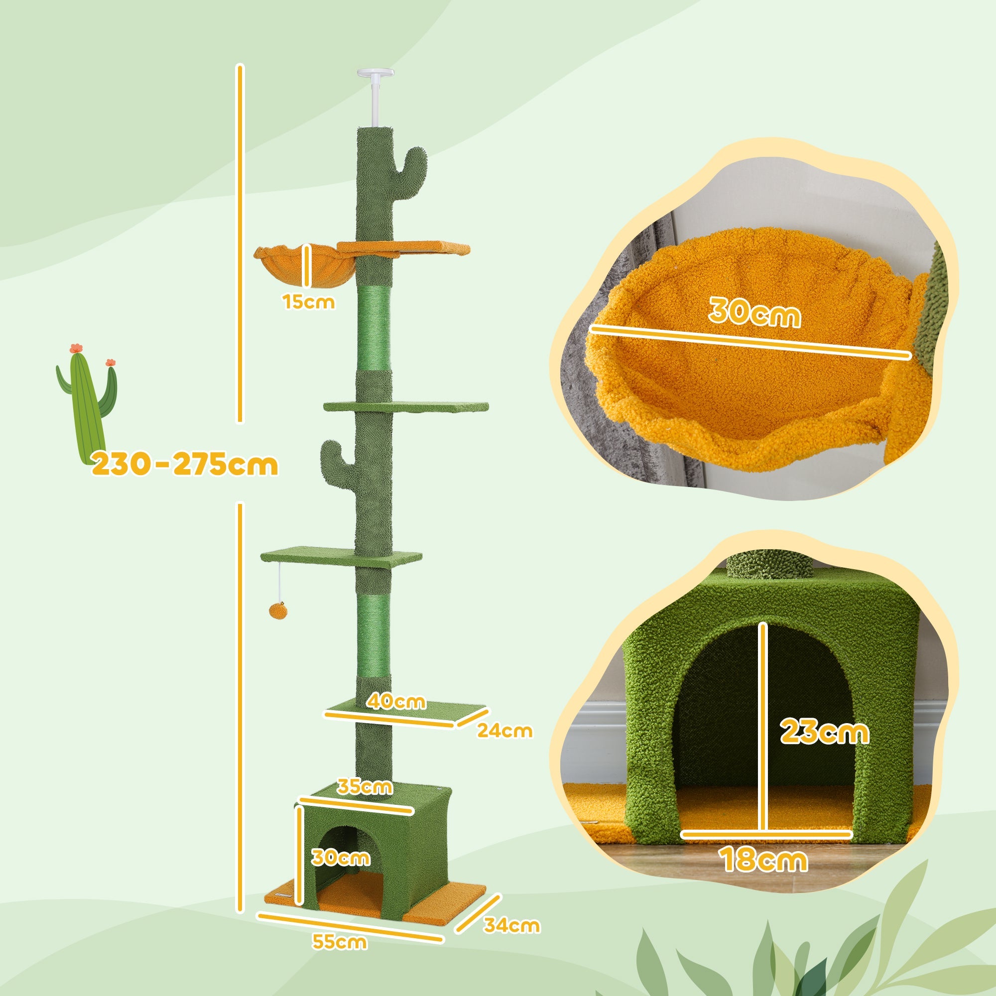 230-275cm Floor-to-Ceiling Adjustable Cat Tree with Scratching Posts, Hammock-2