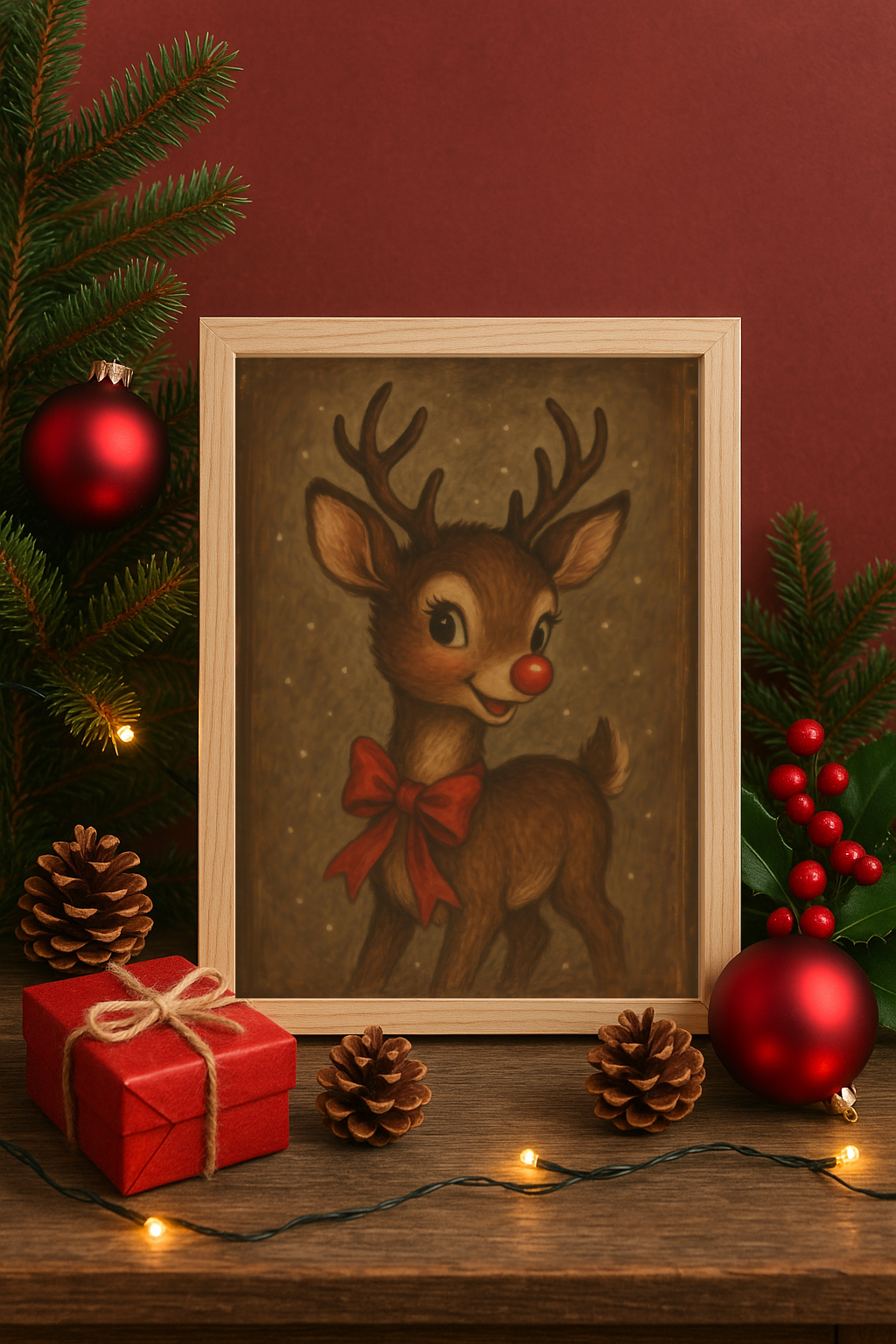 Vintage Christmas Red Bow Reindeer Wall Art – Festive Holiday Deer Print-0
