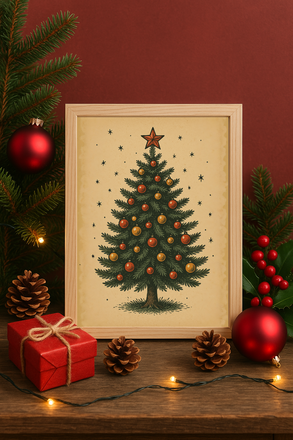 Vintage Christmas Tree Wall Art Festive Holiday Evergreen with Ornaments Print-0