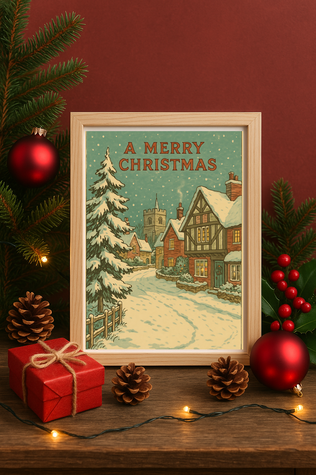 Vintage Christmas Village Wall Art – Snowy Cottage Winter Scene Print-0