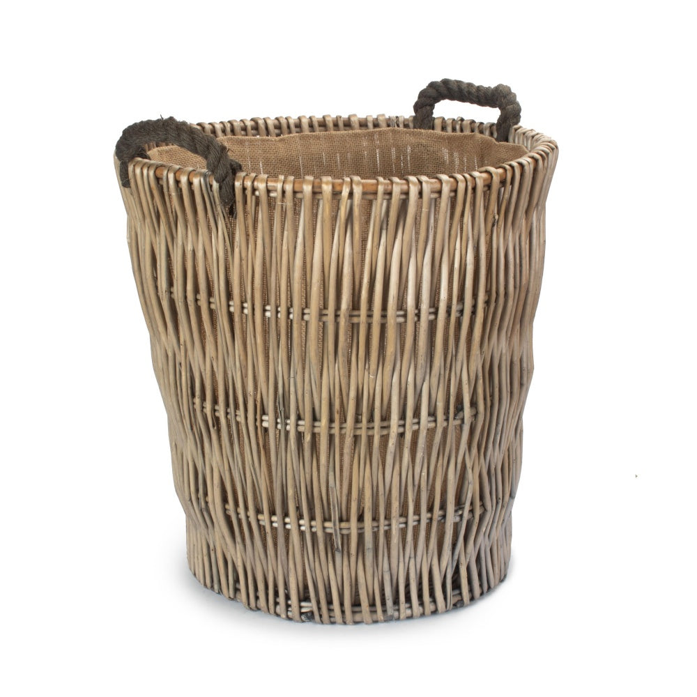 Tall Grey Round Hessian Lined Wicker Log Basket-0
