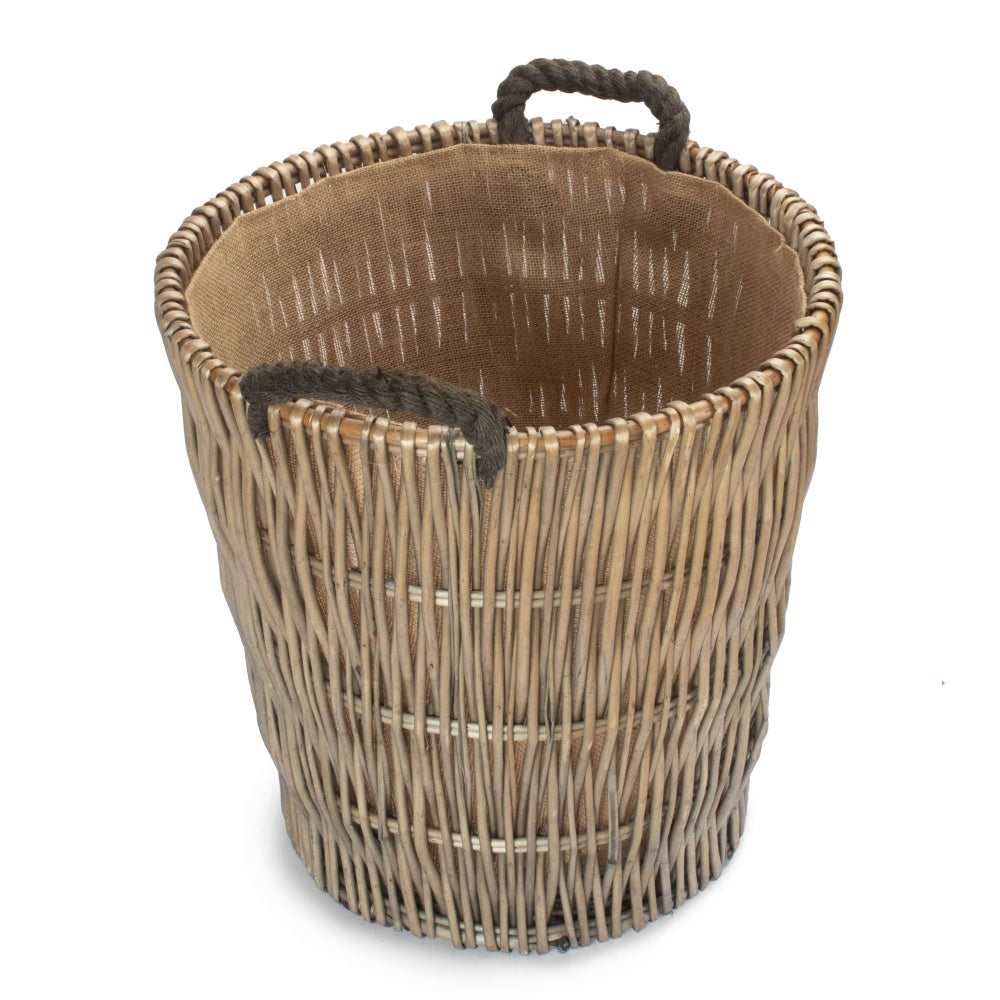 Tall Grey Round Hessian Lined Wicker Log Basket-1