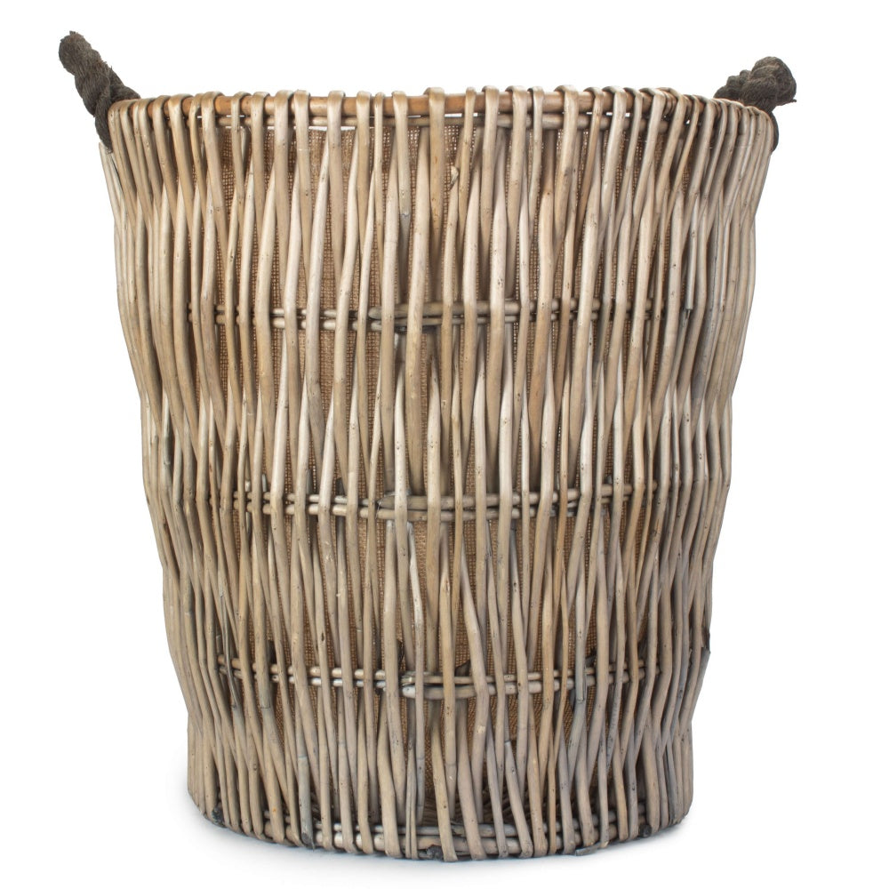 Tall Grey Round Hessian Lined Wicker Log Basket-2