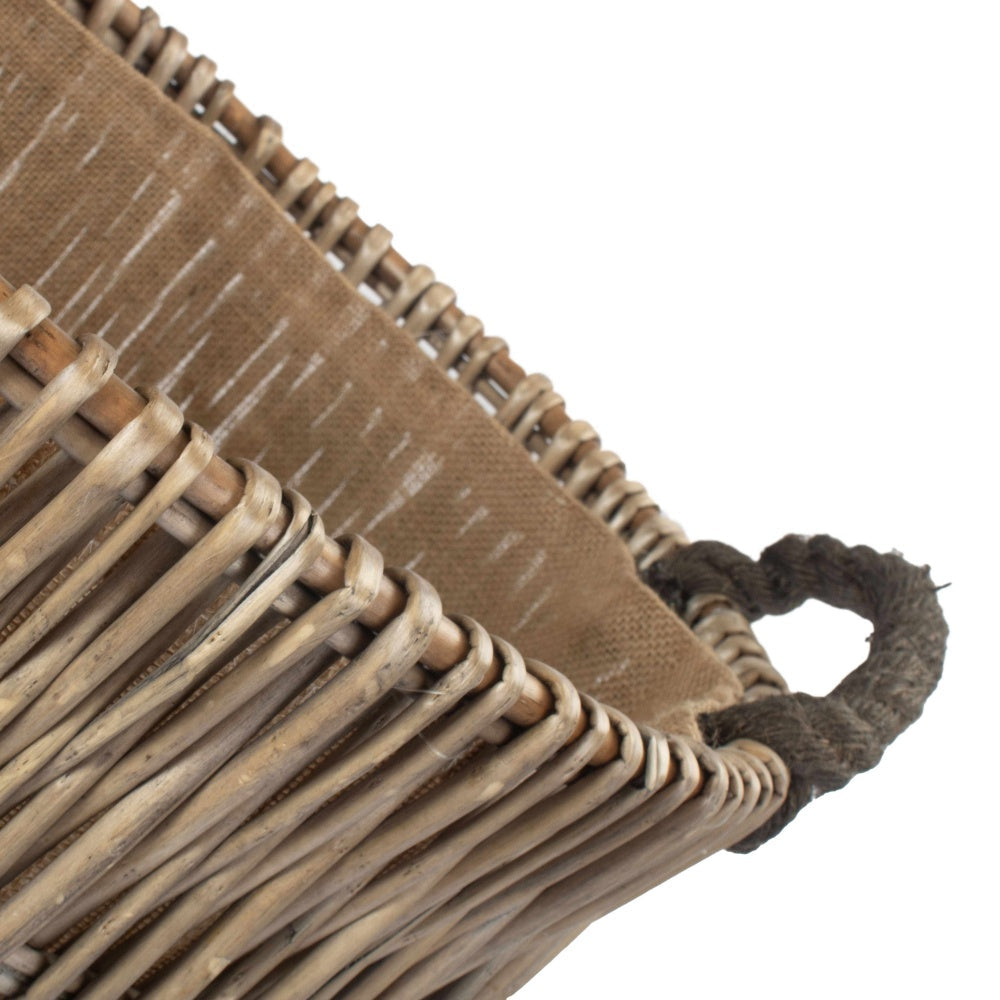 Tall Grey Round Hessian Lined Wicker Log Basket-3