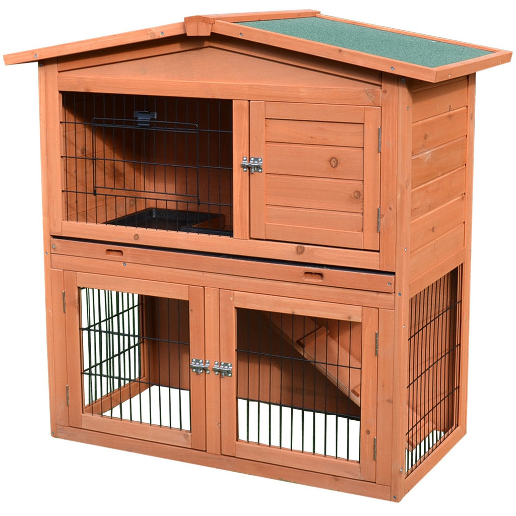 2 Tier Rabbit Hutch Guinea Pig Hutch Ferret Cage with Ramp Slide Out Tray for Indoor Outdoor 100.5 x 55 x 101 cm-0