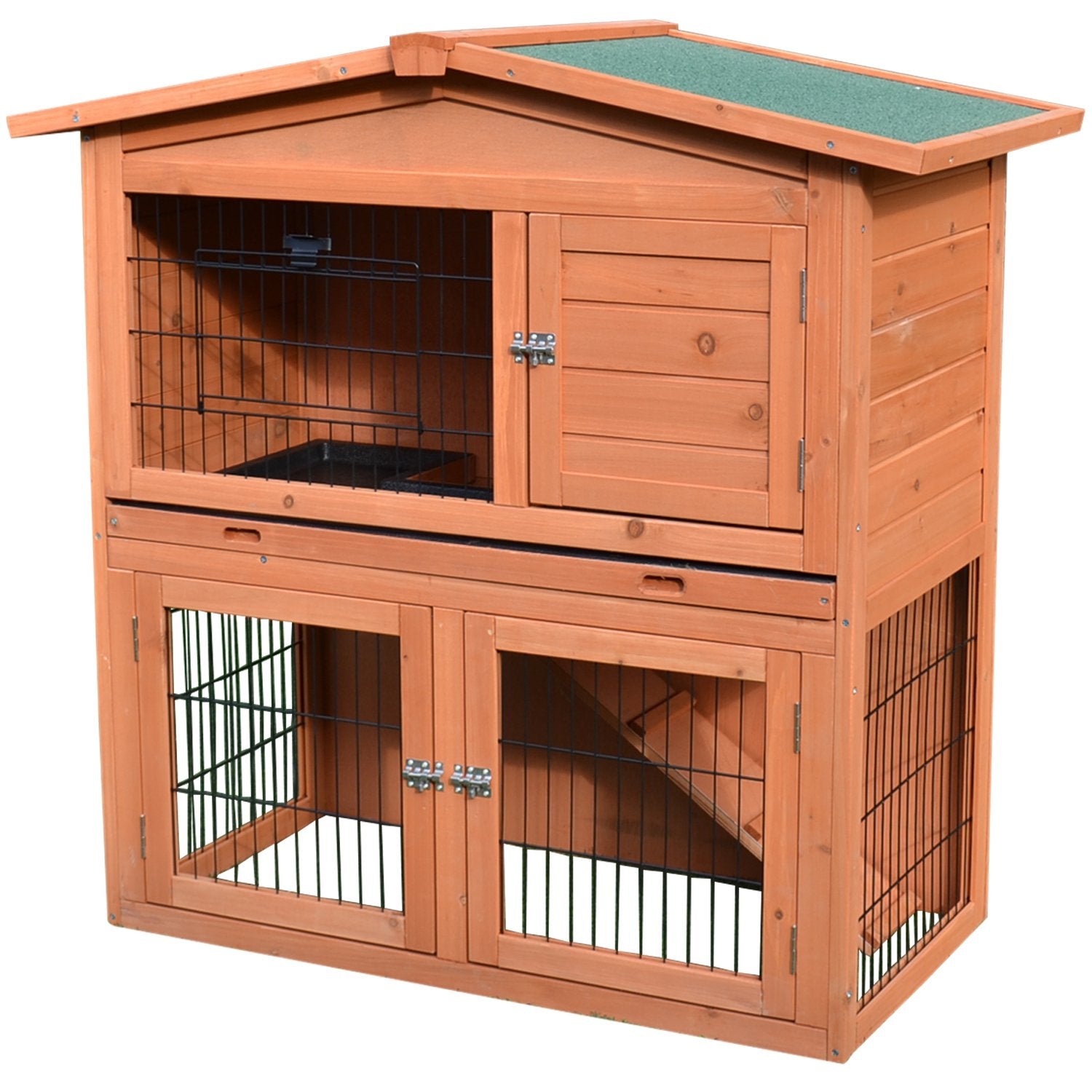 2 Tier Rabbit Hutch Guinea Pig Hutch Ferret Cage with Ramp Slide Out Tray for Indoor Outdoor 100.5 x 55 x 101 cm-0